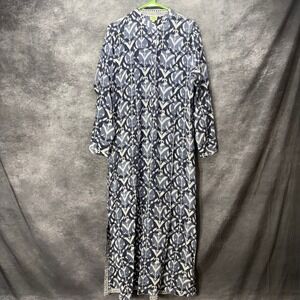 Dolma Button Front Maxi Dress Caftan Womens L Blue White Ikat Print Boho Coastal